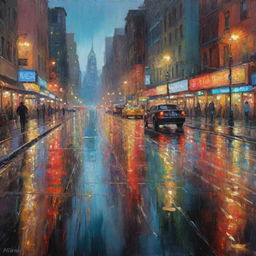 Impressionistic oil painting of a blurry city, brightness of countless lights smeared in wet asphalt under rain, mirroring a colorful night city scene.