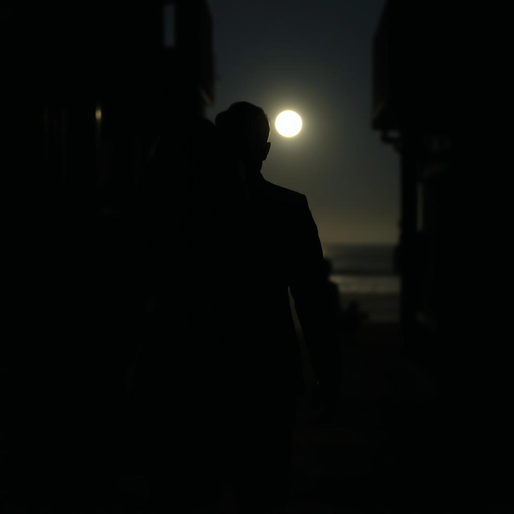 A captivating scene capturing the back view of a man following a woman through shadowy, dimly lit streets, leading to a moonlit beach