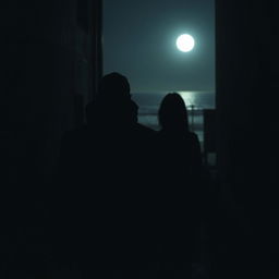 A captivating scene capturing the back view of a man following a woman through shadowy, dimly lit streets, leading to a moonlit beach