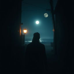 A captivating scene capturing the back view of a man following a woman through shadowy, dimly lit streets, leading to a moonlit beach