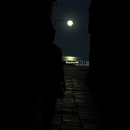 A captivating scene capturing the back view of a man following a woman through shadowy, dimly lit streets, leading to a moonlit beach