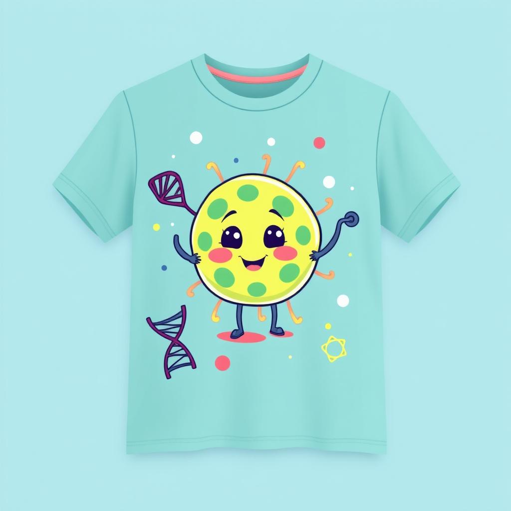 A stylish t-shirt designed for young people, featuring a vibrant and colorful design of a cartoon cell with friendly facial expressions