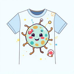 A stylish t-shirt designed for young people, featuring a vibrant and colorful design of a cartoon cell with friendly facial expressions