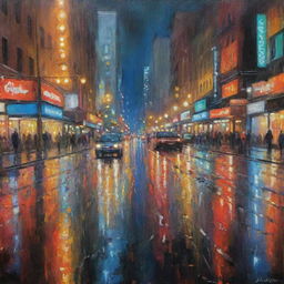 Impressionistic oil painting of a blurry city, brightness of countless lights smeared in wet asphalt under rain, mirroring a colorful night city scene.