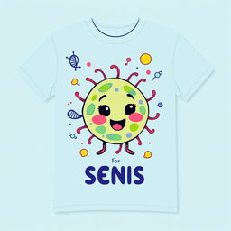 A stylish t-shirt designed for young people, featuring a vibrant and colorful design of a cartoon cell with friendly facial expressions