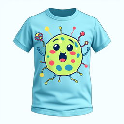 A stylish t-shirt designed for young people, featuring a vibrant and colorful design of a cartoon cell with friendly facial expressions