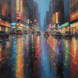 Impressionistic oil painting of a blurry city, brightness of countless lights smeared in wet asphalt under rain, mirroring a colorful night city scene.