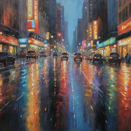 Impressionistic oil painting of a blurry city, brightness of countless lights smeared in wet asphalt under rain, mirroring a colorful night city scene.