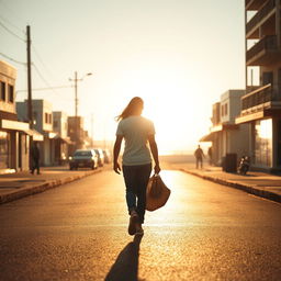 A vivid scene depicting a man following a woman through illuminated streets, captured from a back-side perspective