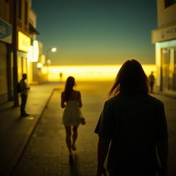 A vivid scene depicting a man following a woman through illuminated streets, captured from a back-side perspective