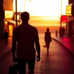 A vivid scene depicting a man following a woman through illuminated streets, captured from a back-side perspective