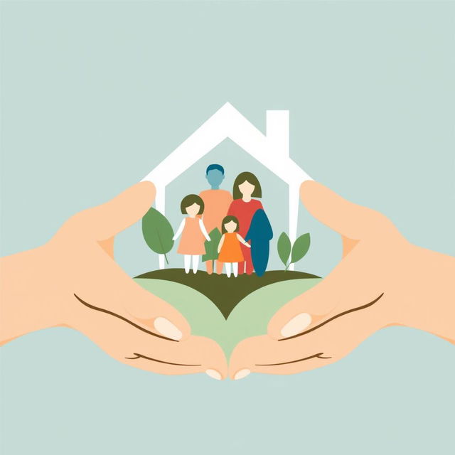 A symbolic image representing family counselling and welfare, featuring hands, a family, and a home