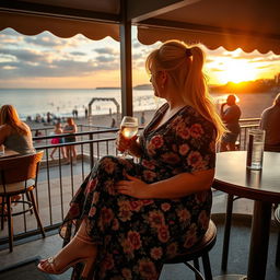 A plump, bbw blonde woman with sexy pigtails is sitting in a cafe overlooking the beach at Lyme Regis