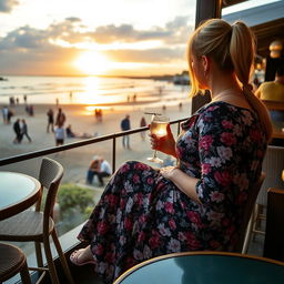 A plump, bbw blonde woman with sexy pigtails is sitting in a cafe overlooking the beach at Lyme Regis