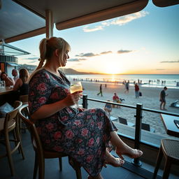 A plump, bbw blonde woman with sexy pigtails is sitting in a cafe overlooking the beach at Lyme Regis