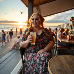 A plump, bbw blonde woman with sexy pigtails is sitting in a cafe overlooking the beach at Lyme Regis