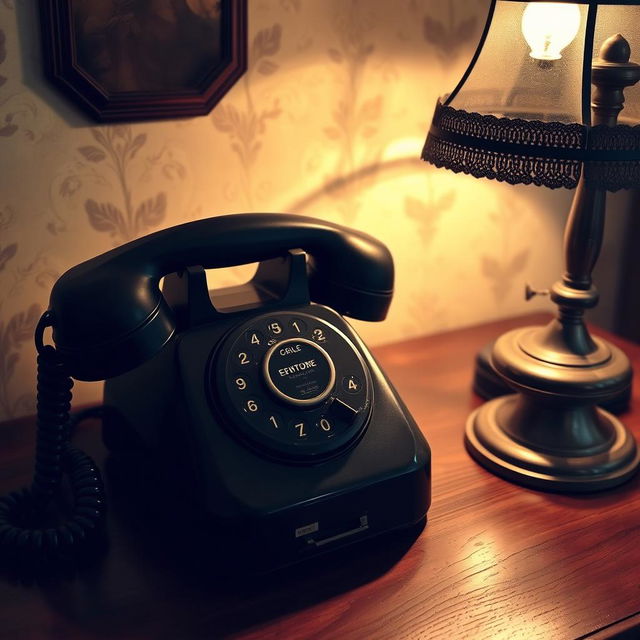 a vintage rotary telephone with a classic black finish and a coiled cord, sitting on a wooden table