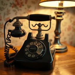 a vintage rotary telephone with a classic black finish and a coiled cord, sitting on a wooden table