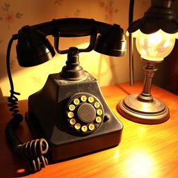 a vintage rotary telephone with a classic black finish and a coiled cord, sitting on a wooden table