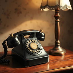 a vintage rotary telephone with a classic black finish and a coiled cord, sitting on a wooden table