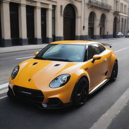 A distinctive fusion of a Lamborghini's aggressive, sporty design with the compact, whimsical charm of a Mini Cooper.