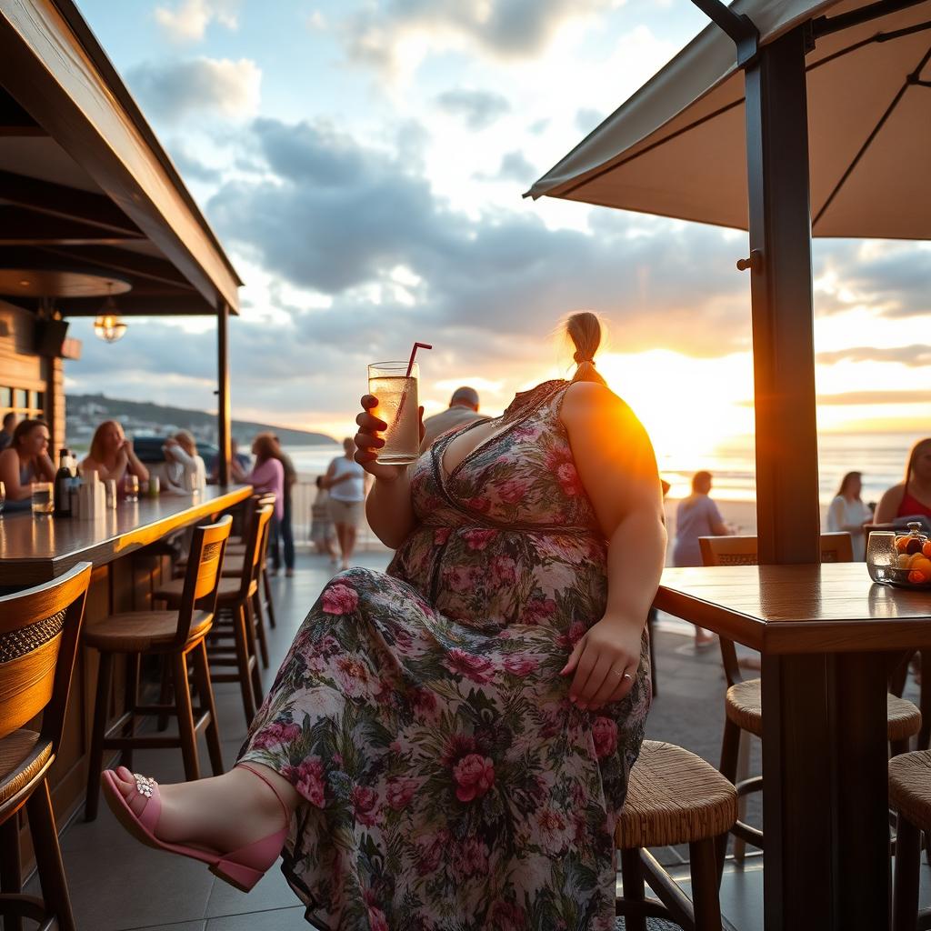 A fat, bbw, and plump blonde woman with sexy pigtails is seated in a cafe overlooking the beach at Lyme Regis