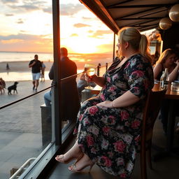 A fat, bbw, and plump blonde woman with sexy pigtails is seated in a cafe overlooking the beach at Lyme Regis