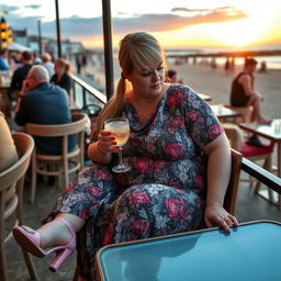 A fat, bbw, and plump blonde woman with sexy pigtails is seated in a cafe overlooking the beach at Lyme Regis