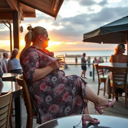 A fat, bbw, and plump blonde woman with sexy pigtails is seated in a cafe overlooking the beach at Lyme Regis