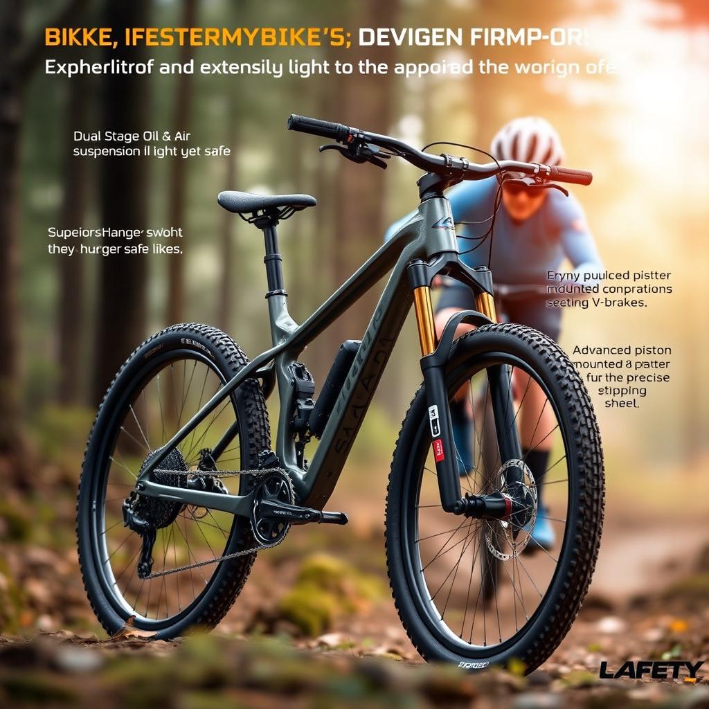 A modern and innovative mountain bike design, showcasing an ergonomic and aerodynamic frame that is extremely light yet safe