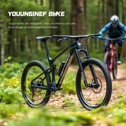 A modern and innovative mountain bike design, showcasing an ergonomic and aerodynamic frame that is extremely light yet safe