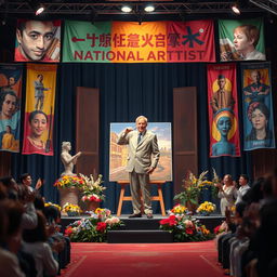 A grand tribute to the national artist, set on a stage adorned with vibrant and colorful banners representing the artist's most iconic works