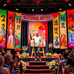 A grand tribute to the national artist, set on a stage adorned with vibrant and colorful banners representing the artist's most iconic works