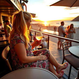 A curvy blonde woman with sexy pigtails is seated in a cafe overlooking the beach at Lyme Regis