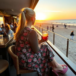 A curvy blonde woman with sexy pigtails is seated in a cafe overlooking the beach at Lyme Regis