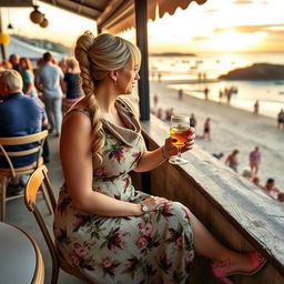 A curvy blonde woman with sexy pigtails is seated in a cafe overlooking the beach at Lyme Regis