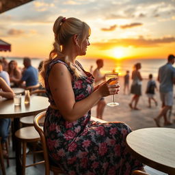 A curvy blonde woman with sexy pigtails is seated in a cafe overlooking the beach at Lyme Regis