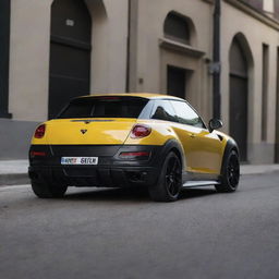 A distinctive fusion of a Lamborghini's aggressive, sporty design with the compact, whimsical charm of a Mini Cooper.