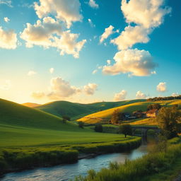 A serene landscape depicting lush green hills under a vibrant blue sky with fluffy white clouds