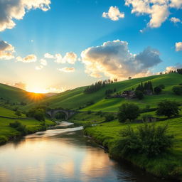 A serene landscape depicting lush green hills under a vibrant blue sky with fluffy white clouds