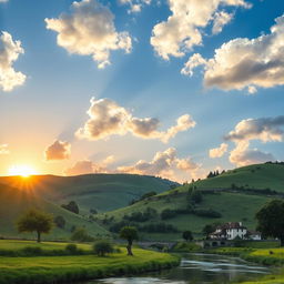 A serene landscape depicting lush green hills under a vibrant blue sky with fluffy white clouds