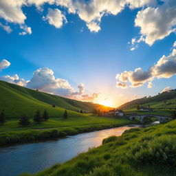 A serene landscape depicting lush green hills under a vibrant blue sky with fluffy white clouds