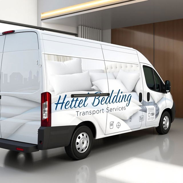 A vibrant and eye-catching vinyl design for a panel minibus that specializes in transporting hotel bedding