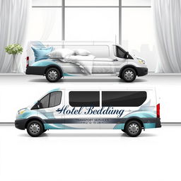 A vibrant and eye-catching vinyl design for a panel minibus that specializes in transporting hotel bedding