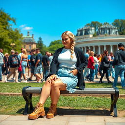 A curvy blond woman with her hair styled in a plait, seated gracefully on a bench in Hyde Park near Speakers Corner