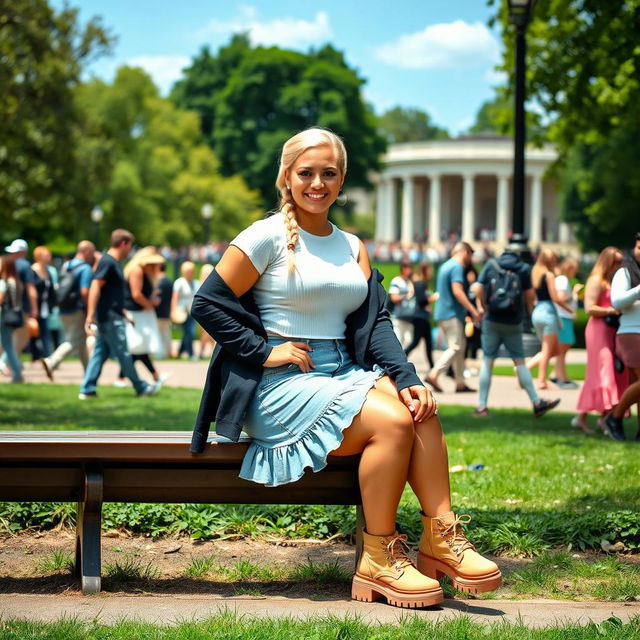 A curvy blond woman with her hair styled in a plait, seated gracefully on a bench in Hyde Park near Speakers Corner