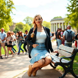 A curvy blond woman with her hair styled in a plait, seated gracefully on a bench in Hyde Park near Speakers Corner