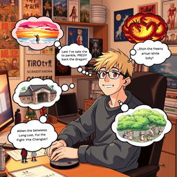 A devoted anime fan sitting at a cozy desk, surrounded by anime posters and figurines, imagining various alternative perfect endings for their favorite anime series