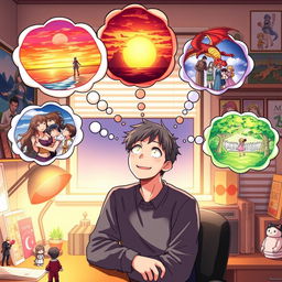 A devoted anime fan sitting at a cozy desk, surrounded by anime posters and figurines, imagining various alternative perfect endings for their favorite anime series