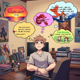 A devoted anime fan sitting at a cozy desk, surrounded by anime posters and figurines, imagining various alternative perfect endings for their favorite anime series